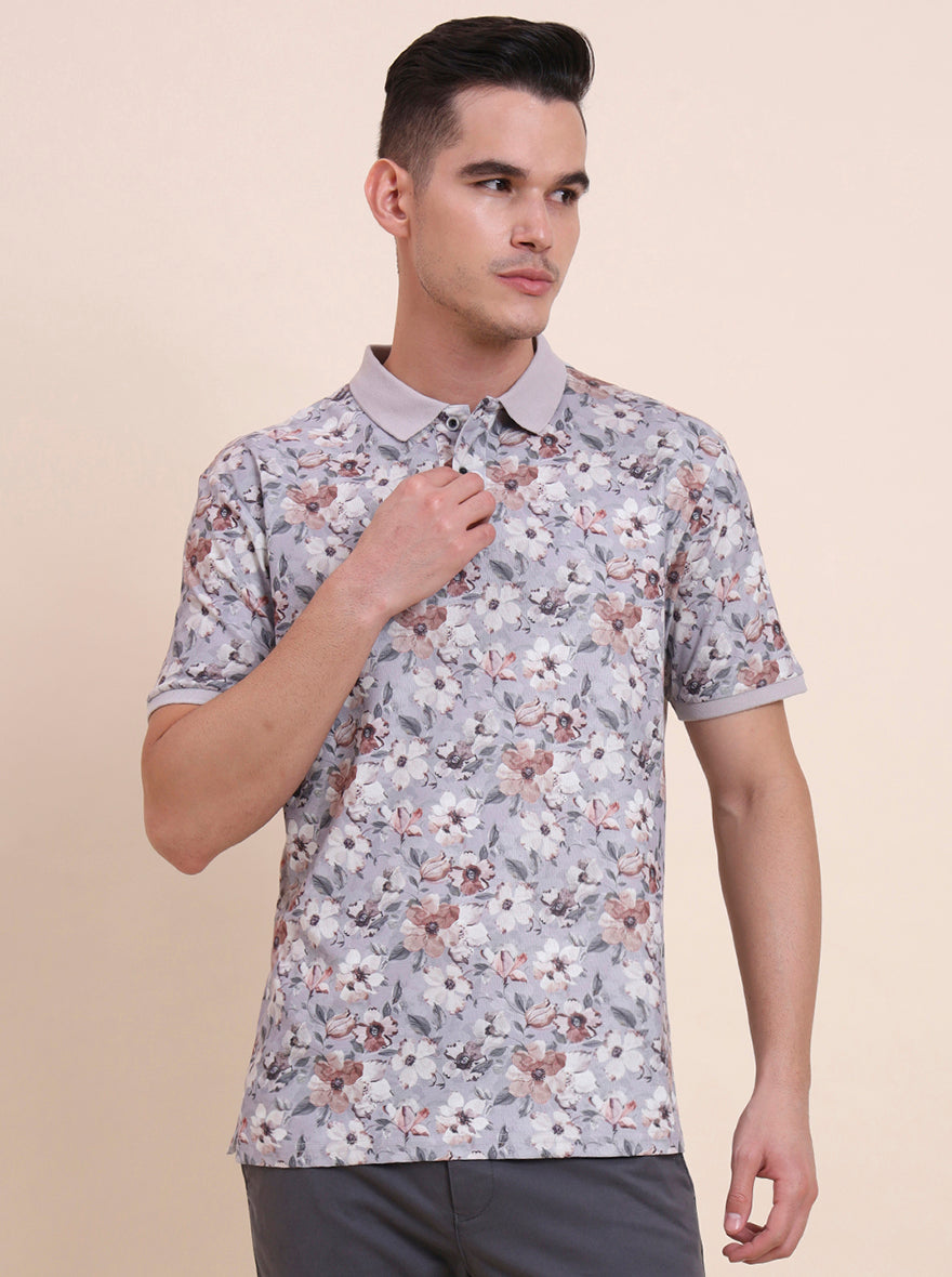Flint Grey Printed Slim Fit Polo T-Shirt | Greenfibre