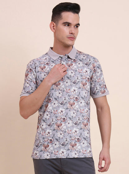 Flint Grey Printed Slim Fit Polo T-Shirt | Greenfibre