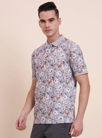 Flint Grey Printed Slim Fit Polo T-Shirt | Greenfibre