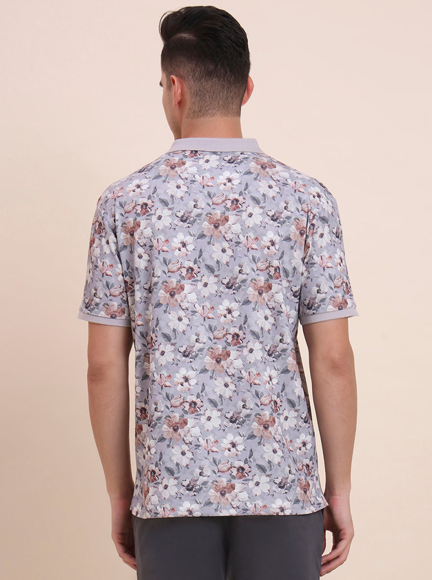 Flint Grey Printed Slim Fit Polo T-Shirt | Greenfibre