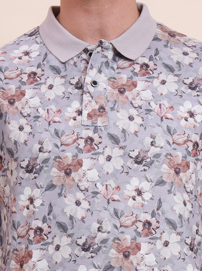 Flint Grey Printed Slim Fit Polo T-Shirt | Greenfibre