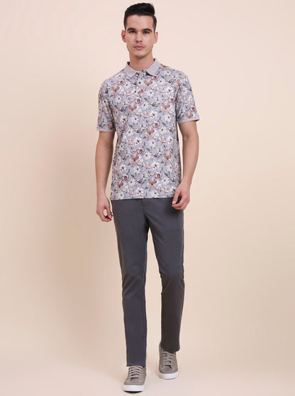 Flint Grey Printed Slim Fit Polo T-Shirt | Greenfibre