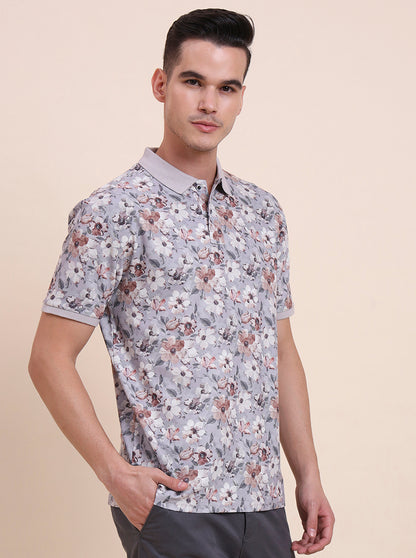 Flint Grey Printed Slim Fit Polo T-Shirt | Greenfibre