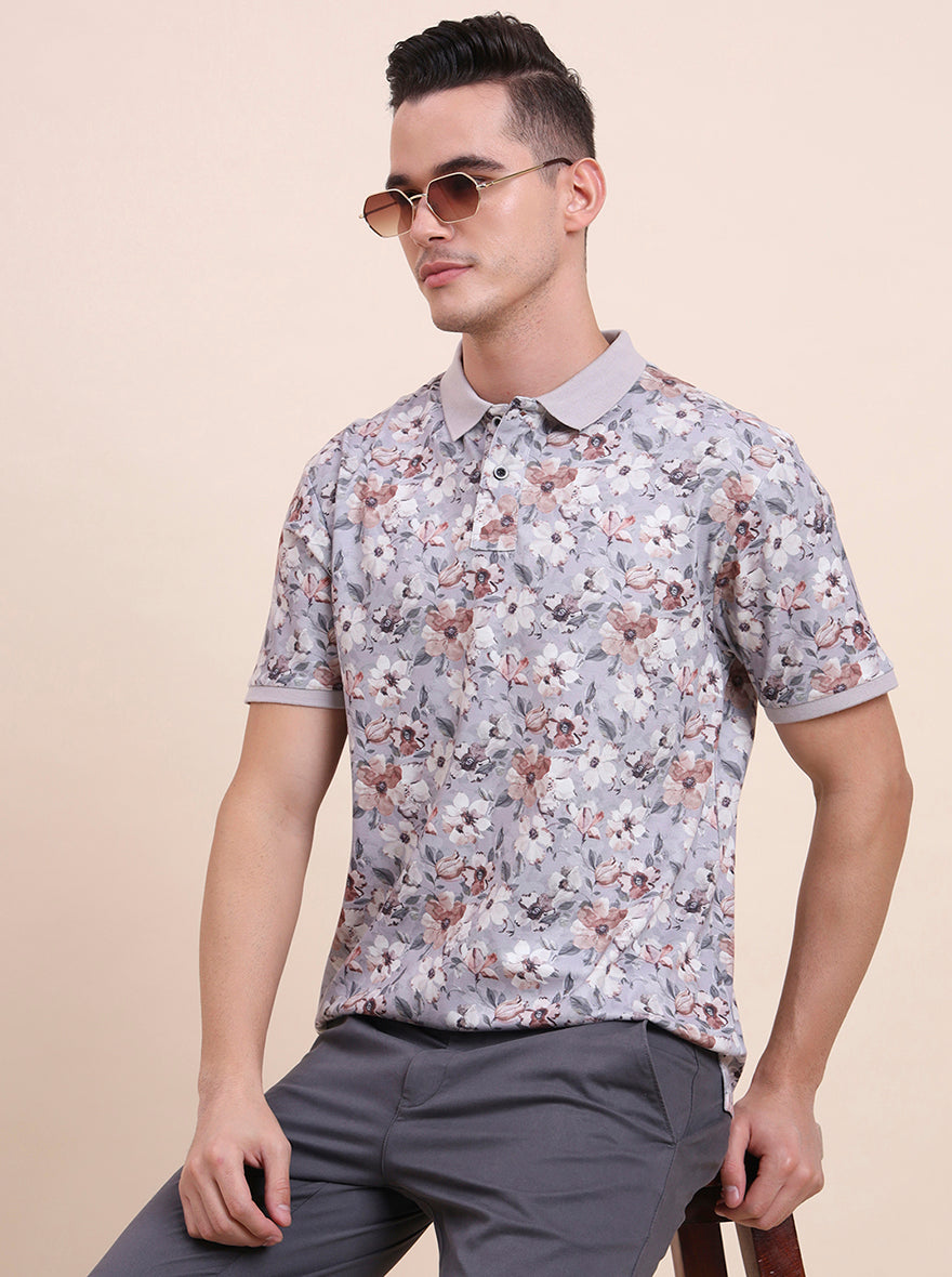 Flint Grey Printed Slim Fit Polo T-Shirt | Greenfibre