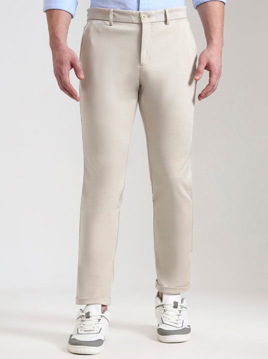 Beige Solid Venice Fit Casual Trouser | JadeBlue