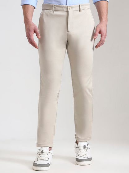 Beige Solid Venice Fit Casual Trouser | JadeBlue