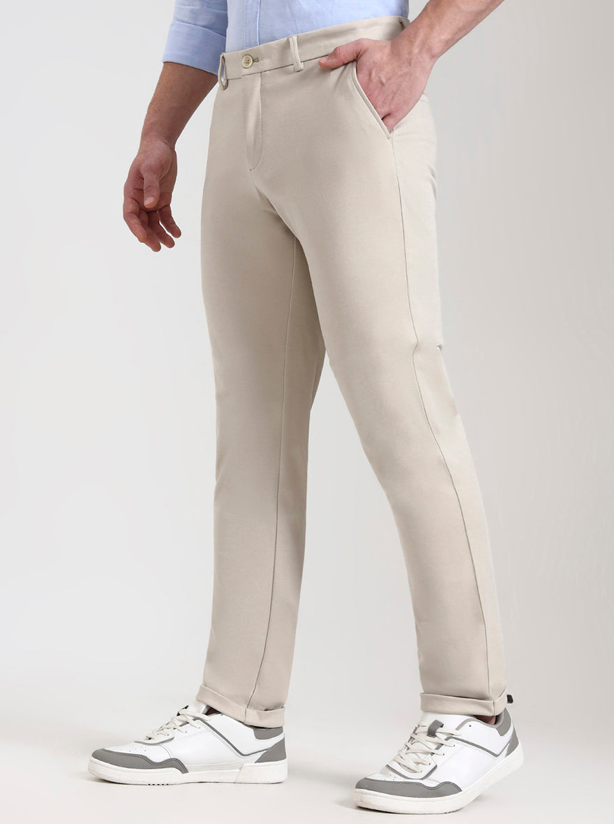 Beige Solid Venice Fit Casual Trouser | JadeBlue