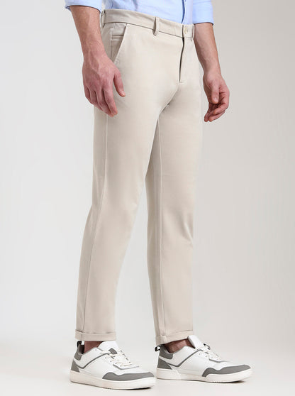 Beige Solid Venice Fit Casual Trouser | JadeBlue