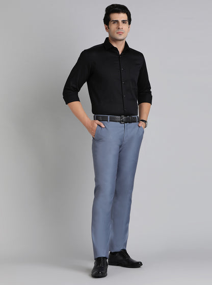 Light Blue Solid Slim Fit Formal Trouser | Metal