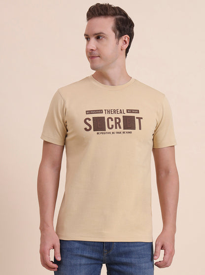 Beige Printed Slim Fit T-Shirt | JadeBlue