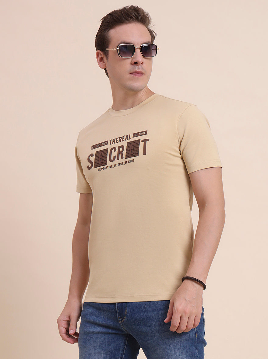 Beige Printed Slim Fit T-Shirt | JadeBlue