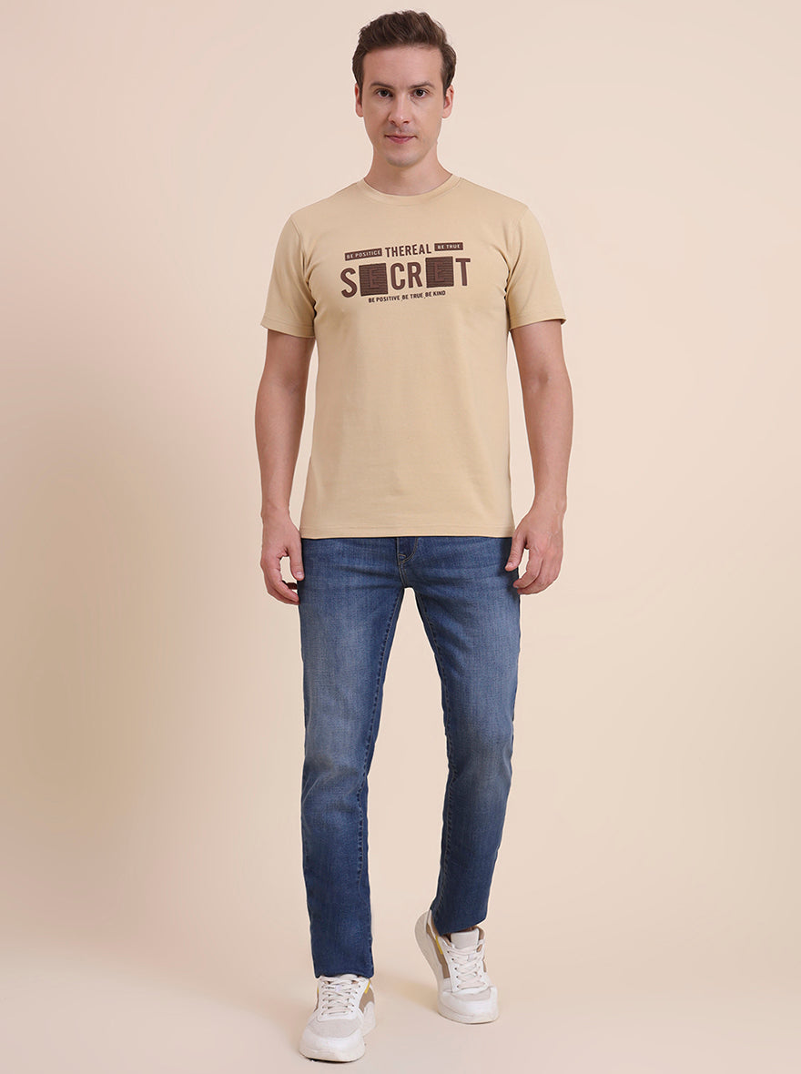 Beige Printed Slim Fit T-Shirt | JadeBlue