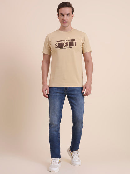 Beige Printed Slim Fit T-Shirt | JadeBlue