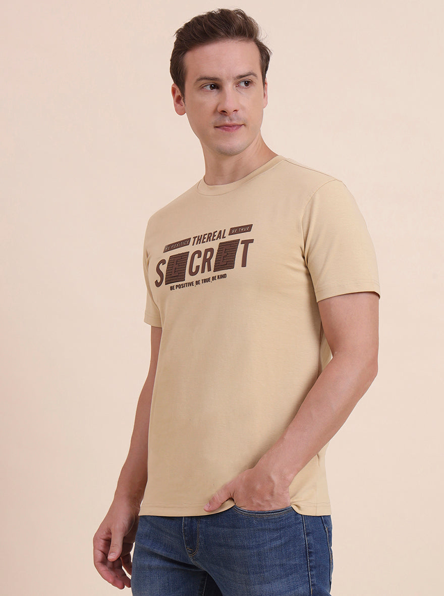 Beige Printed Slim Fit T-Shirt | JadeBlue