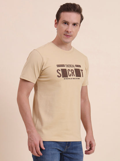 Beige Printed Slim Fit T-Shirt | JadeBlue