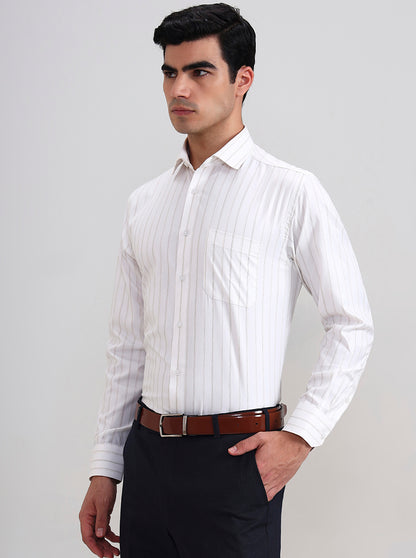 White & Brown Striped Regular Fit Formal Shirt | Greenfibre