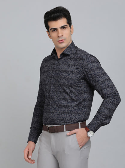 Navy Blue Printed Slim Fit Party Wear Shirt | Wyre