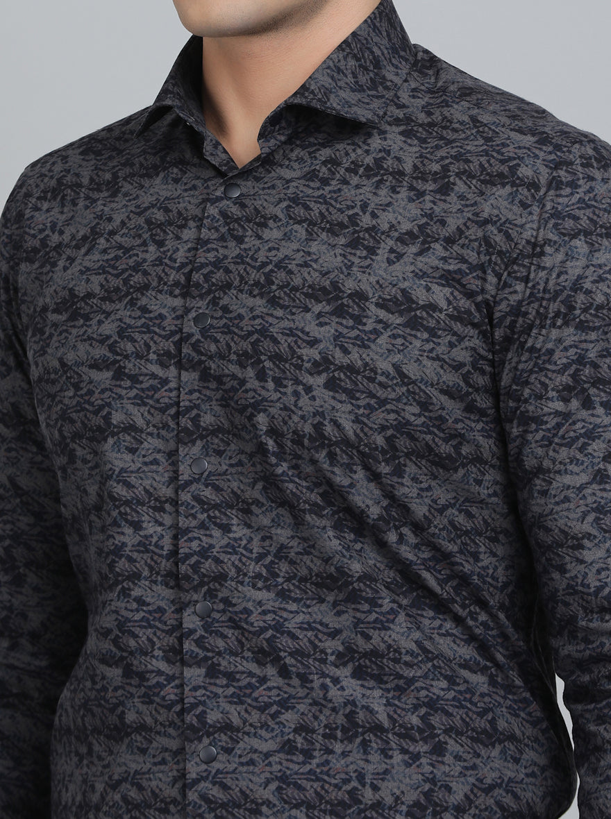 Navy Blue Printed Slim Fit Party Wear Shirt | Wyre