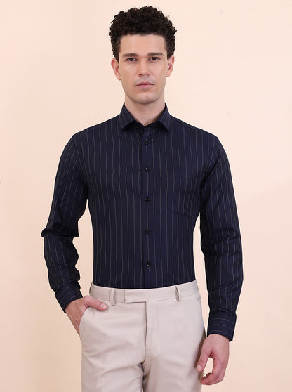 Navy Blue Striped Slim Fit Formal Shirt | Greenfibre