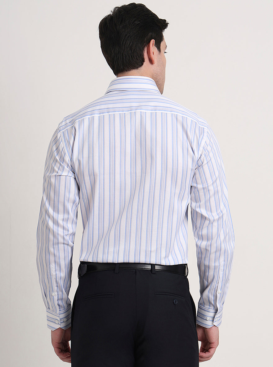 White & Sky Blue Striped Regular Fit Formal Shirt | JadeBlue