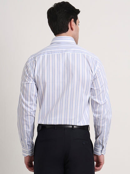 White & Sky Blue Striped Regular Fit Formal Shirt | JadeBlue