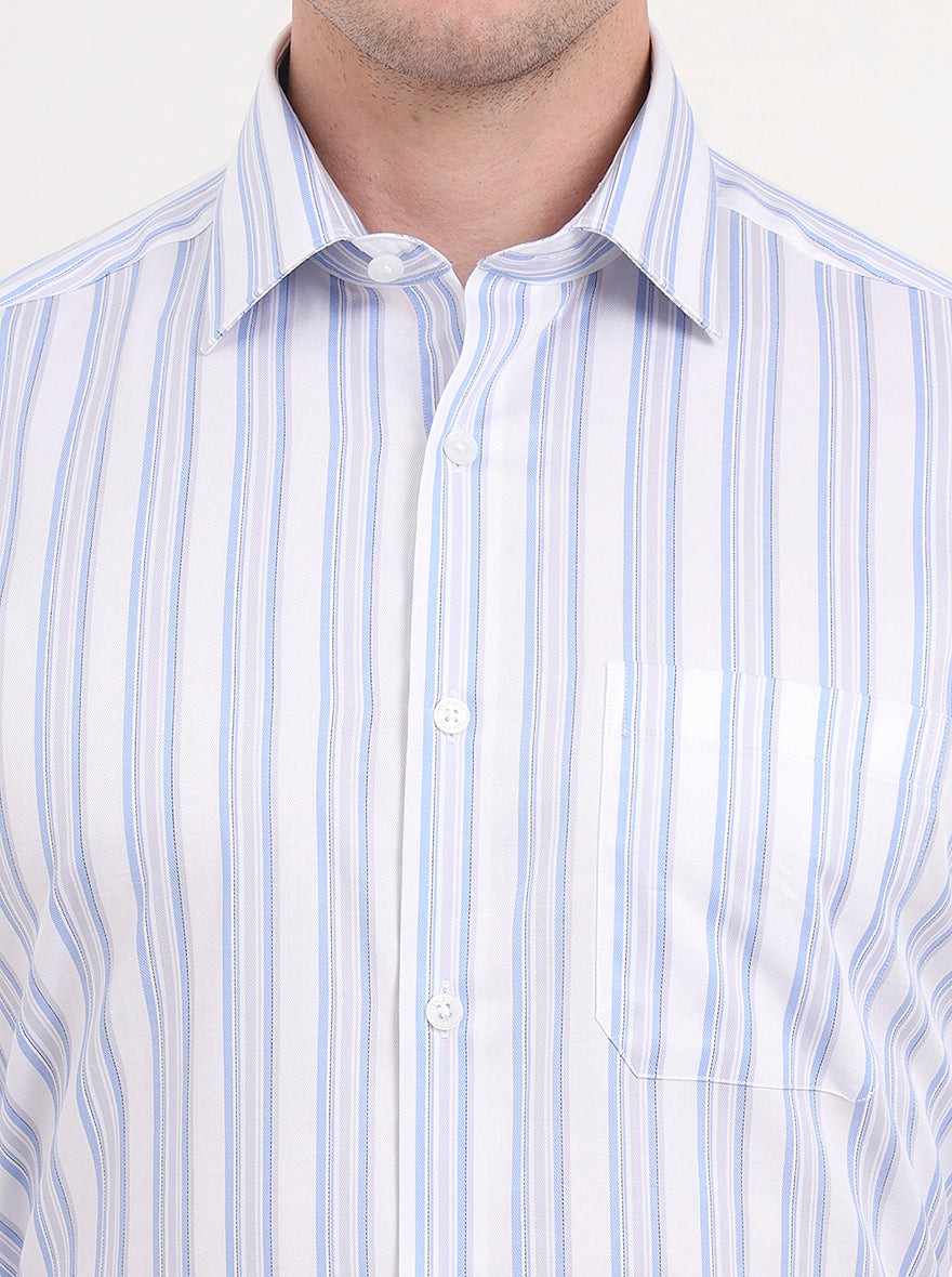 White & Sky Blue Striped Regular Fit Formal Shirt | JadeBlue