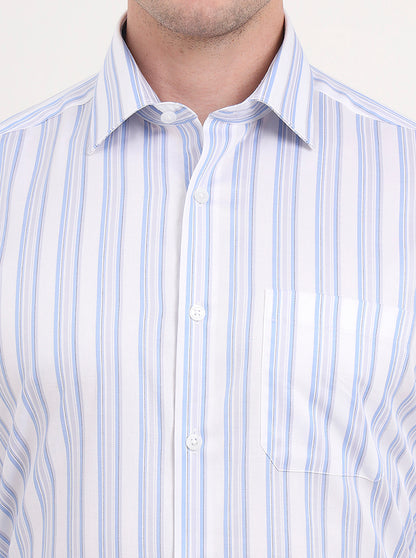 White & Sky Blue Striped Regular Fit Formal Shirt | JadeBlue
