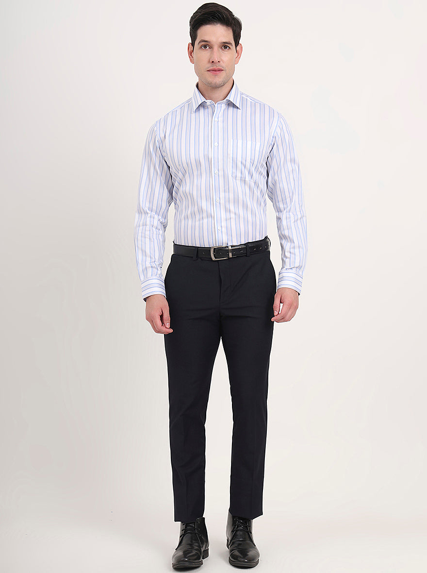 White & Sky Blue Striped Regular Fit Formal Shirt | JadeBlue