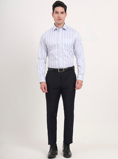 White & Sky Blue Striped Regular Fit Formal Shirt | JadeBlue