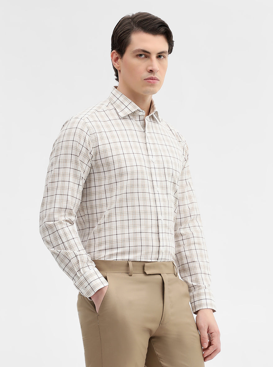 Cream Checked Slim Fit Formal Shirt | Metal