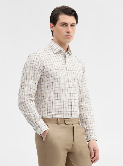 Cream Checked Slim Fit Formal Shirt | Metal