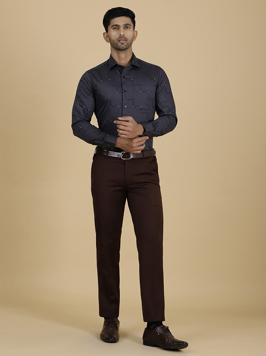 Brown Solid Slim Fit Formal Trouser | Metal