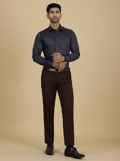 Brown Solid Slim Fit Formal Trouser | Metal
