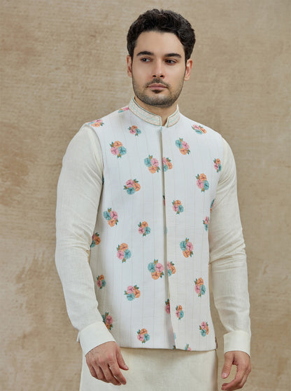 Cream Printed Kurta Pajama with Koti | TULA