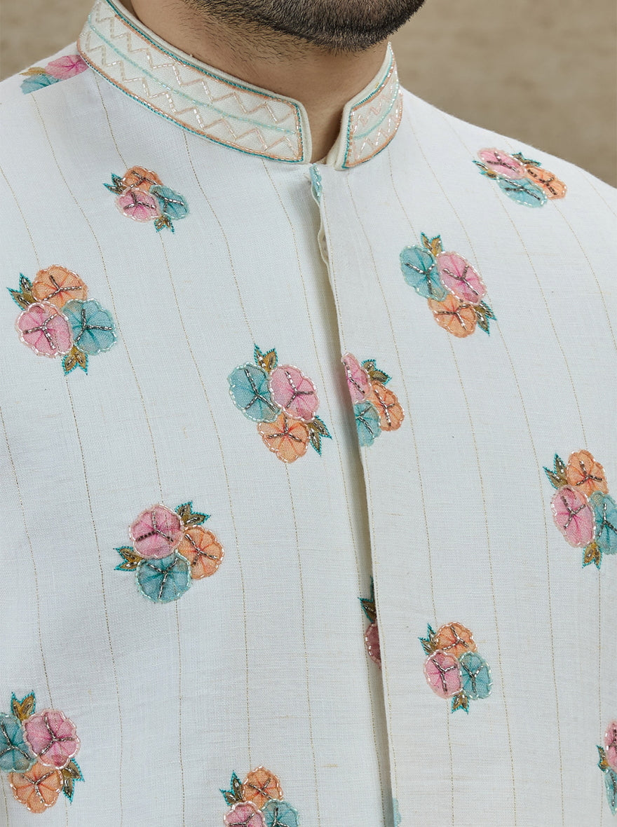 Cream Printed Kurta Pajama with Koti | TULA