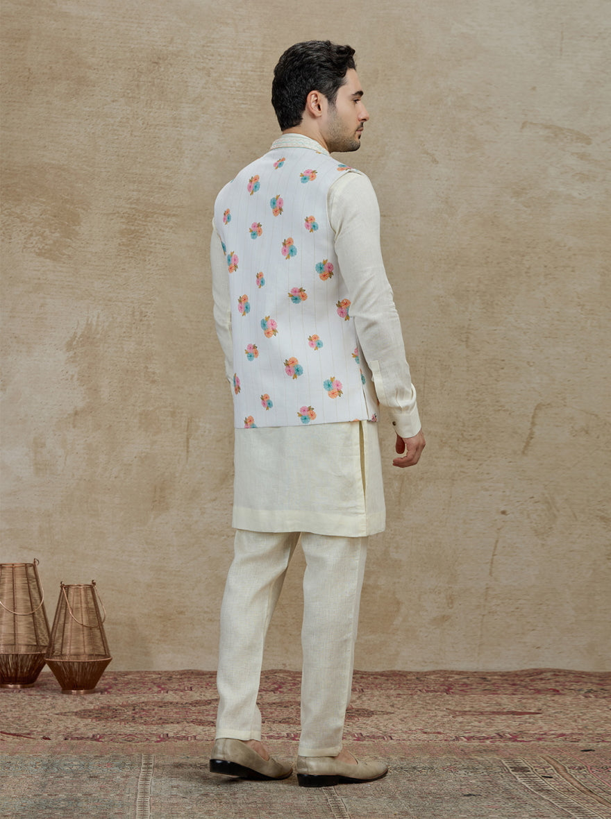 Cream Printed Kurta Pajama with Koti | TULA