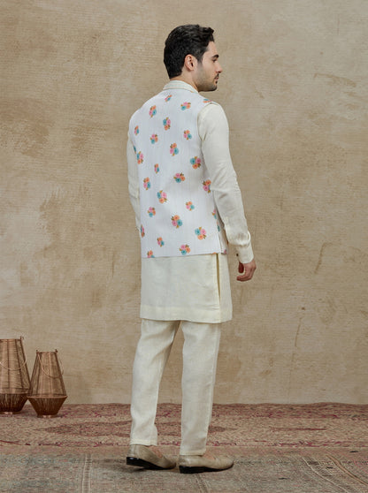 Cream Printed Kurta Pajama with Koti | TULA