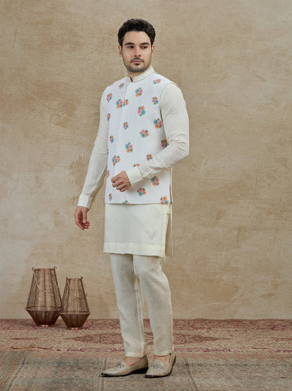 Cream Printed Kurta Pajama with Koti | TULA