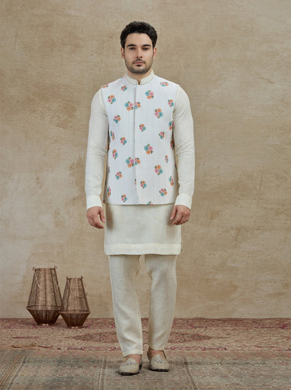 Cream Printed Kurta Pajama with Koti | TULA