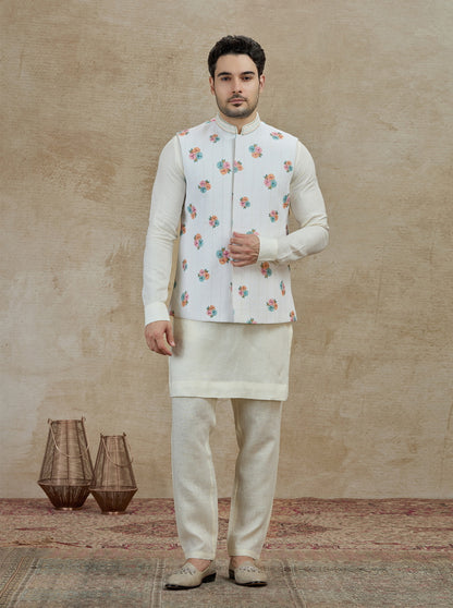 Cream Printed Kurta Pajama with Koti | TULA