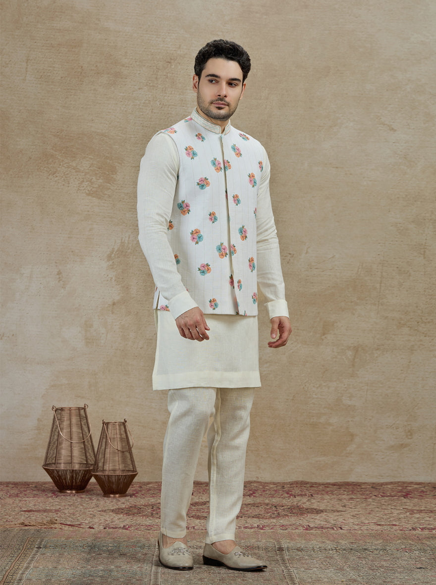 Cream Printed Kurta Pajama with Koti | TULA