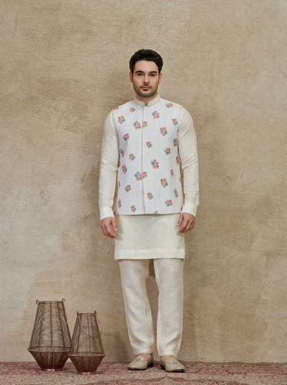 Cream Printed Kurta Pajama with Koti | TULA