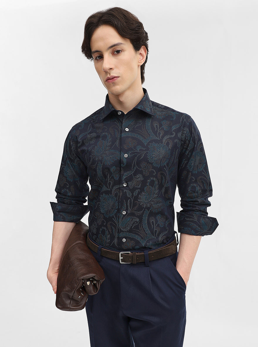 Peacock Printed Slim Fit Formal Shirt | JadeBlue Super Luxe