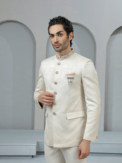 Fawn Self Textured Jodhpuri Suit | TULA
