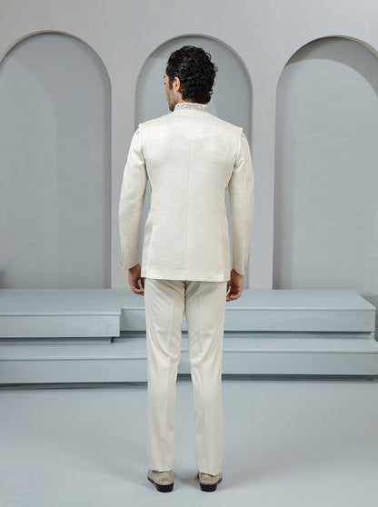 Fawn Self Textured Jodhpuri Suit | TULA