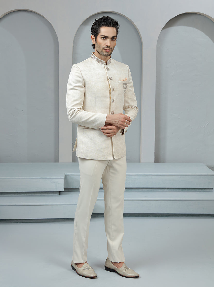 Fawn Self Textured Jodhpuri Suit | TULA