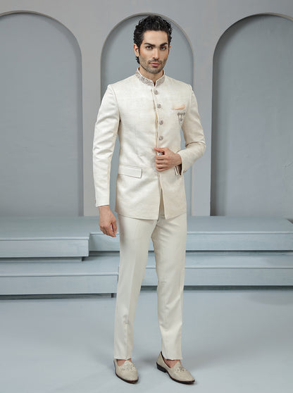 Fawn Self Textured Jodhpuri Suit | TULA