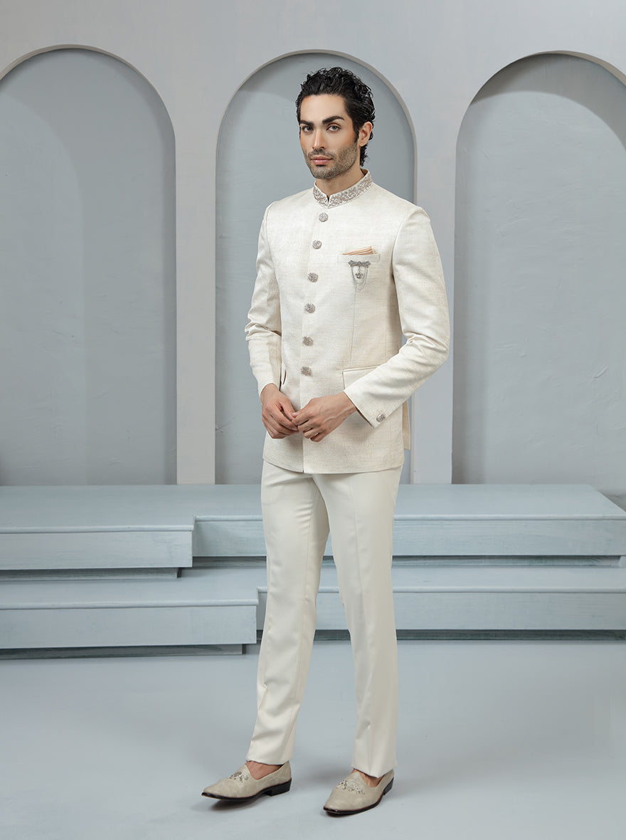 Fawn Self Textured Jodhpuri Suit | TULA
