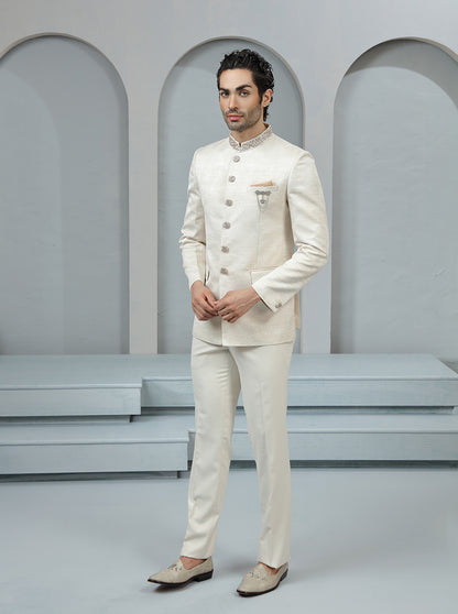 Fawn Self Textured Jodhpuri Suit | TULA