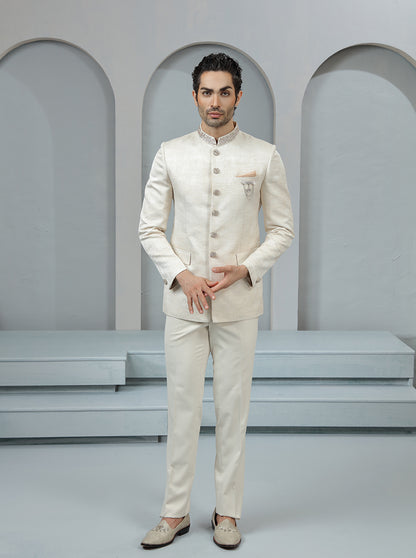 Fawn Self Textured Jodhpuri Suit | TULA